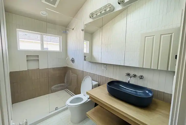Bathroom tiles and custom shelves